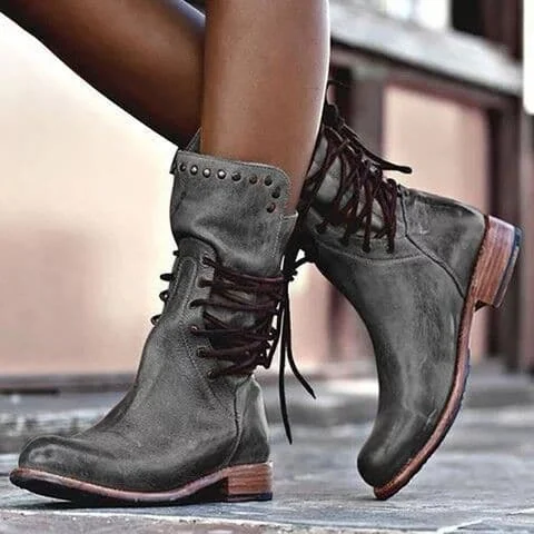 Vintage Leather Boots Mid-Calf Lace-Up Design With Studded Detail - Detailed view