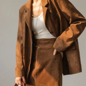Vintage Suede Blazer Oversized Brown Double-Breasted Design - Product showcase