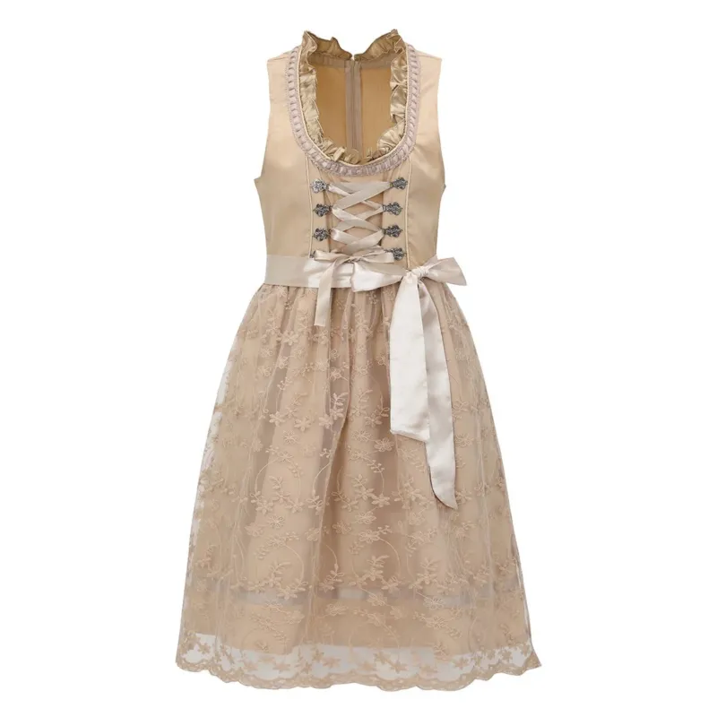Traditional Dirndl Dress Vintage Apricot With Lace Apron - Detailed view
