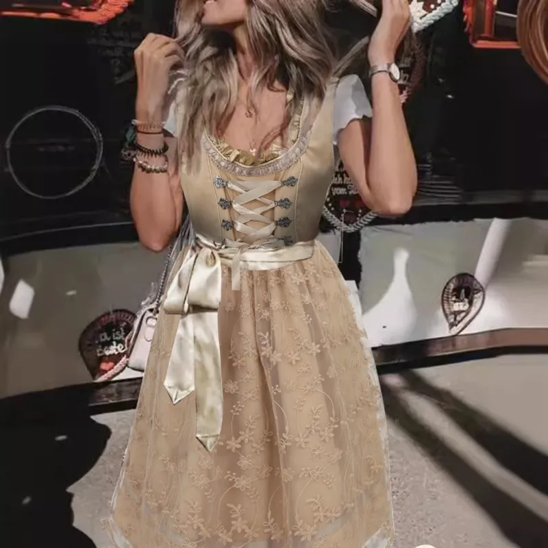 Traditional Dirndl Dress Vintage Apricot With Lace Apron - Product showcase