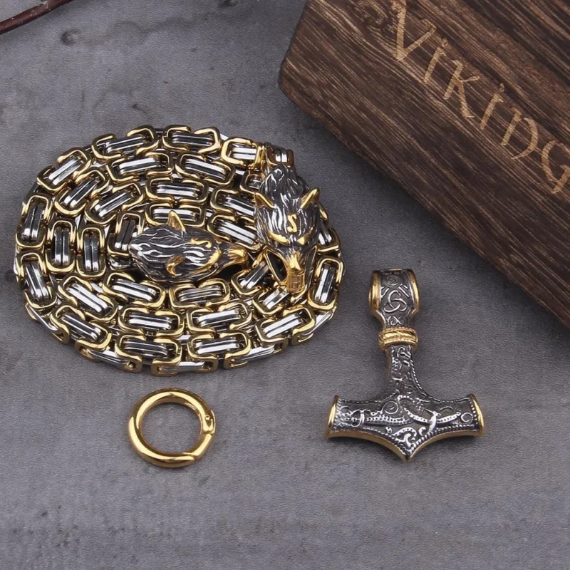 Viking Wolf Head Necklace Stainless Steel Norse Mjolnir Pendant - Product example