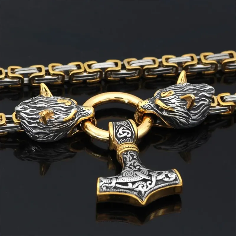 Viking Wolf Head Necklace Stainless Steel Norse Mjolnir Pendant - Product detail 4