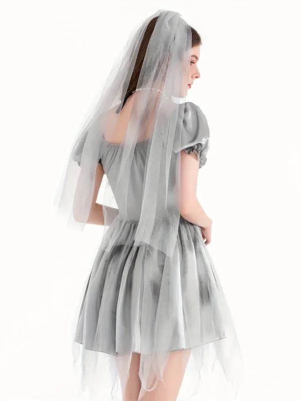 Womens Gothic Corpse Bride Halloween Costume Dress Puff Sleeve Mini Outfit - Product example