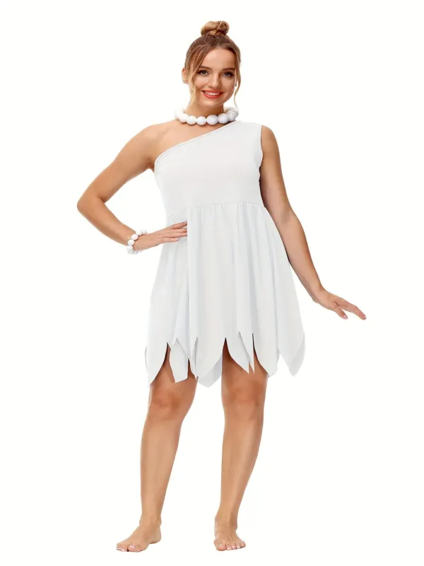 Womens Plus Size One-Shoulder Halloween Costume Dress Prehistoric Mini Outfit - Product showcase