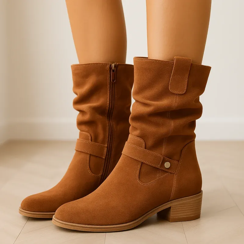 Suede Ankle Boots Slouchy Design With Block Heel - Detailed view