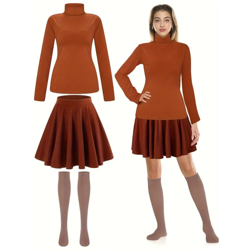 Womens Cartoon Halloween Costume Set Long Sleeve Turtleneck Mini Dress - Product example
