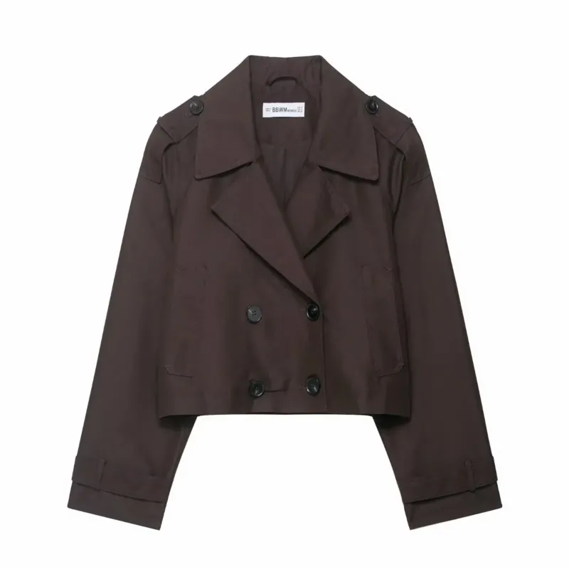 Womens Cropped Trench Coat Double Breasted Classic Design - Detailed view