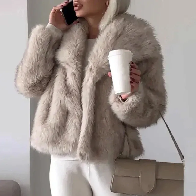 Plush Faux Fur Jacket Soft Pink Winter Outerwear - Detailed view