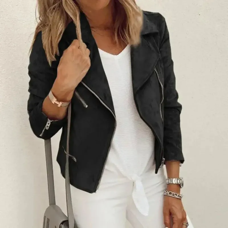 Faux Suede Moto Jacket Asymmetrical Zip Design - Detailed view