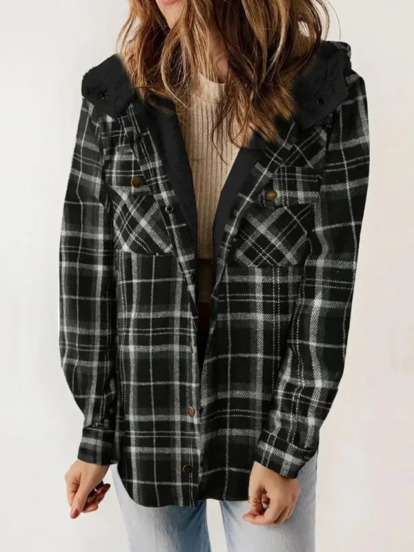 Plaid Fleece Shacket Hooded Button-Front Design - Product example