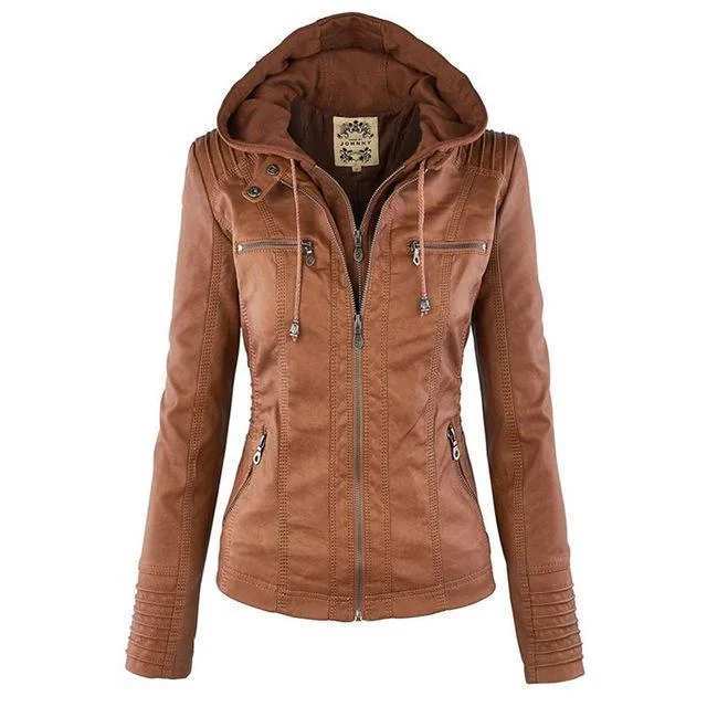 Gothic Leather Jacket Hooded Moto Design With Multi Zip Details - Product example