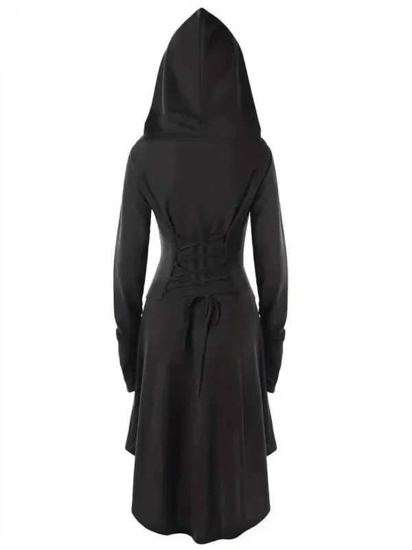 Womens Gothic Halloween Costume Gown Lace-Up Hooded Long Sleeve Dress - Detailed view