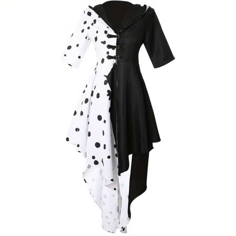 Asymmetrical Halloween Dress Black White Split Design With Hood - Product showcase