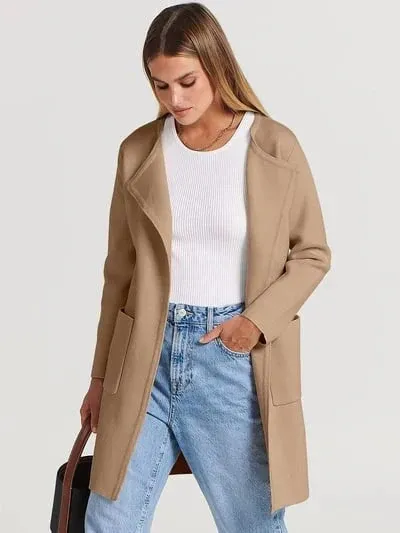 Minimalist Wool Blend Coat Wide Lapel Relaxed Design - Detailed view