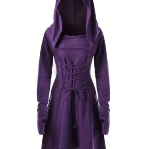 Womens Medieval Lace-Up Halloween Costume Dress Hooded Long Sleeve Gown - Product showcase
