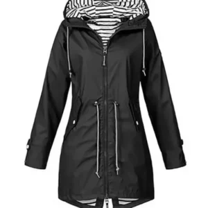 Casual Mid-Length Rain Jacket Striped Lined Hooded Windbreaker - Product showcase