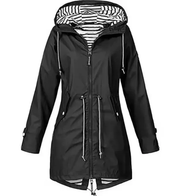 Casual Mid-Length Rain Jacket Striped Lined Hooded Windbreaker - Product showcase