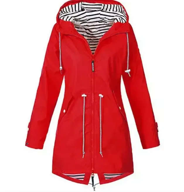Casual Mid-Length Rain Jacket Striped Lined Hooded Windbreaker - Product detail 4