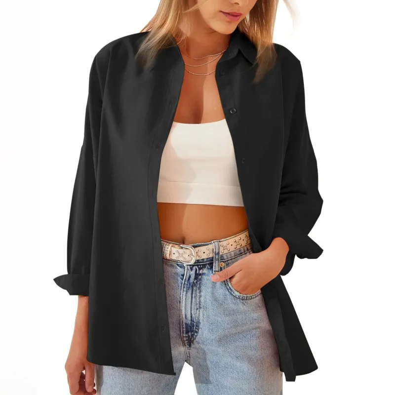 Cotton Blend Button Down Shirt Oversized Relaxed Fit - Detailed view