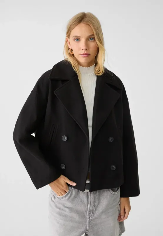 Cropped Double Breasted Jacket Wool Blend Oversized Design - Detailed view
