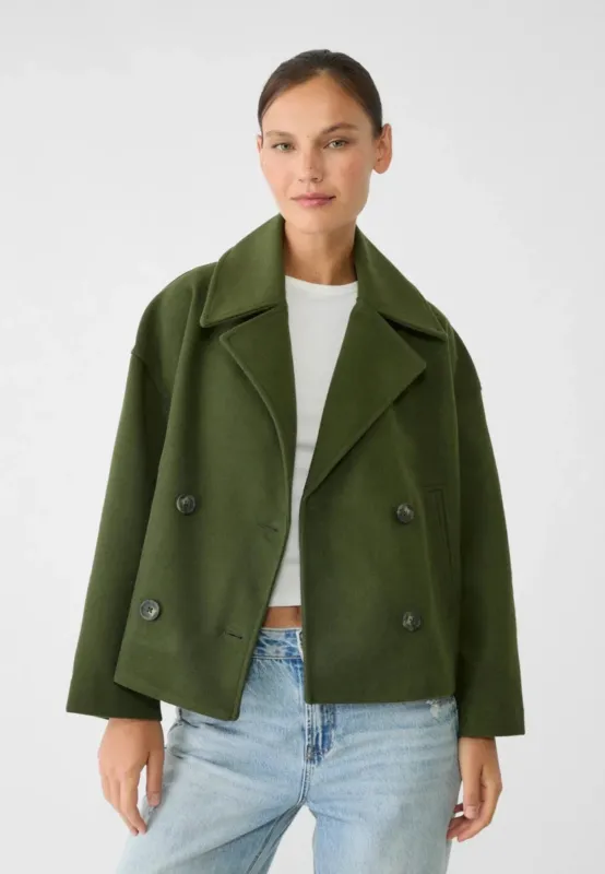 Cropped Double Breasted Jacket Wool Blend Oversized Design - Product example