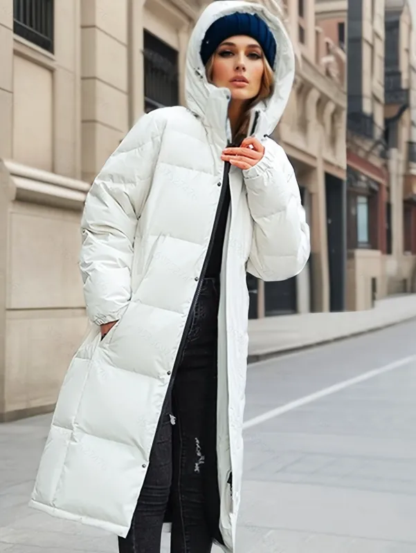 Long Down Winter Coat Quilted Hooded Puffer Design - Detailed view