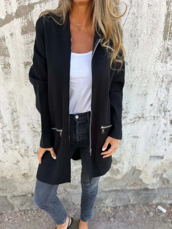 Womens Long Zip Jacket Black Cotton Blend Casual Coat - Product showcase