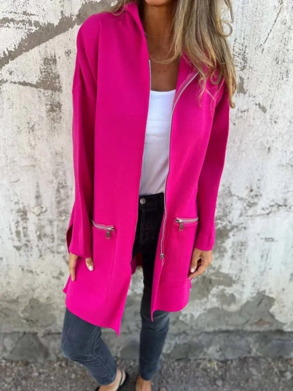 Womens Long Zip Jacket Black Cotton Blend Casual Coat - Detailed view