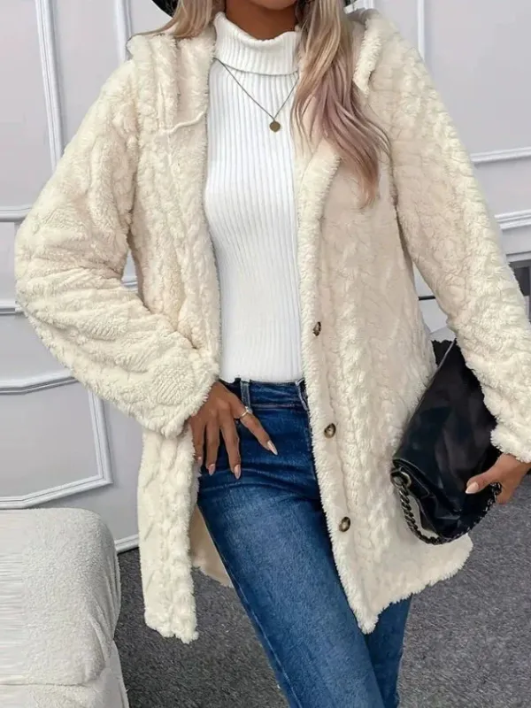 Plush Hooded Coat Textured Fleece Button-Front Design - Product showcase