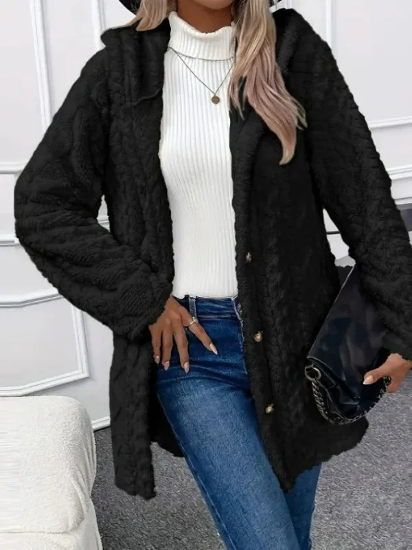 Plush Hooded Coat Textured Fleece Button-Front Design - Product detail 4