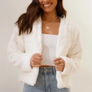 Quilted Faux Fur Crop Jacket Open Front Winter White Design - Product showcase
