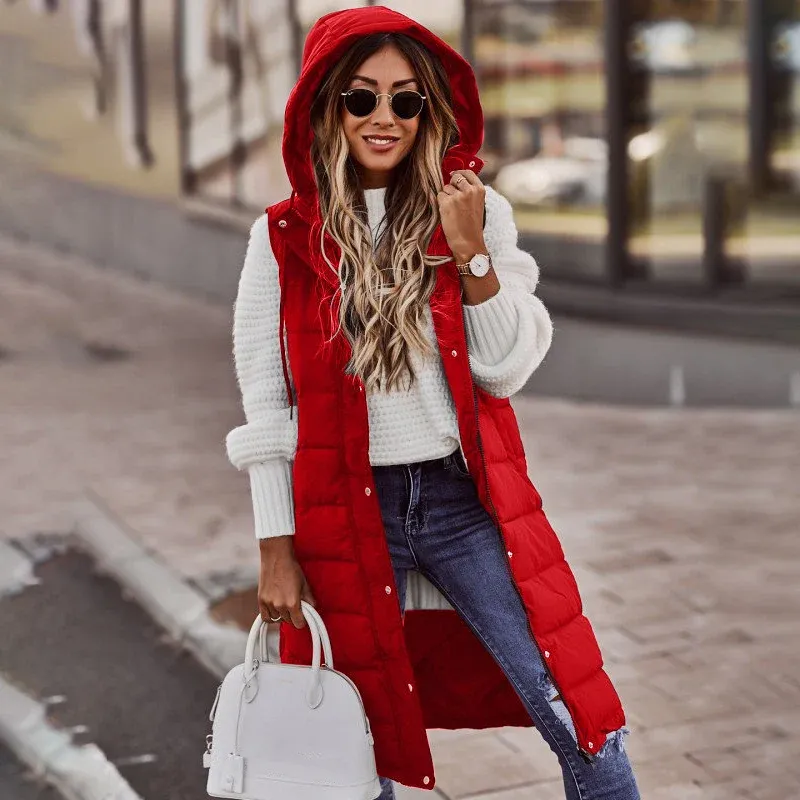 Winter Quilted Vest Long Hooded Padded Design - Detailed view