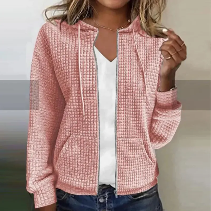 Quilted Zip Jacket Diamond Pattern Hooded Design - Detailed view