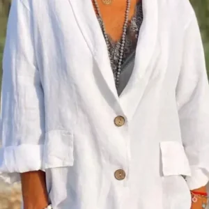 Linen Summer Blazer Relaxed Fit V-Neck White - Product showcase