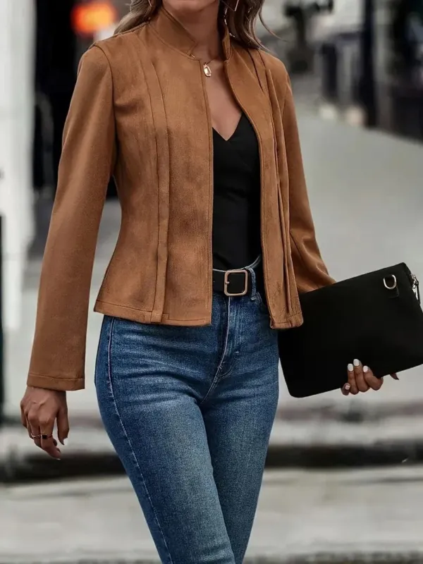Minimalist Wool Blend Jacket Stand Collar Open Front Design - Product detail 4