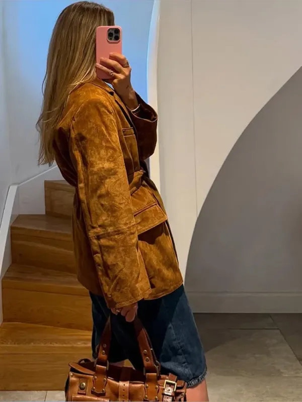 Autumn Suede Coat Belted Lapel Design With Pockets - Product example