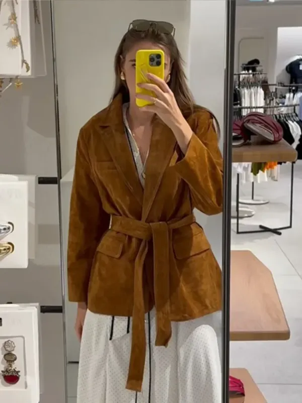 Autumn Suede Coat Belted Lapel Design With Pockets - Product showcase