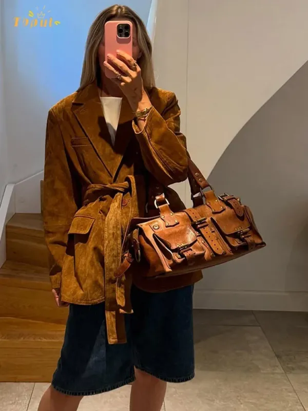 Autumn Suede Coat Belted Lapel Design With Pockets - Detailed view