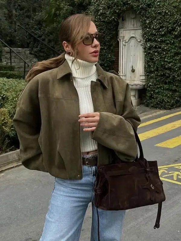Vintage Suede Bomber Jacket Oversized Brown Green Design - Detailed view