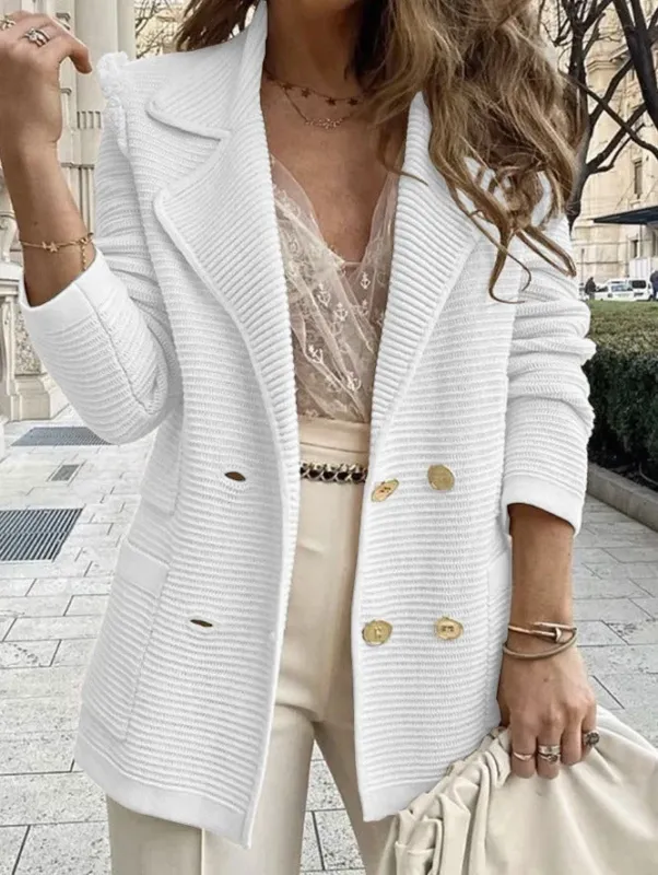 Ribbed Double-Breasted Blazer Textured Knit Black Lapel Design - Detailed view