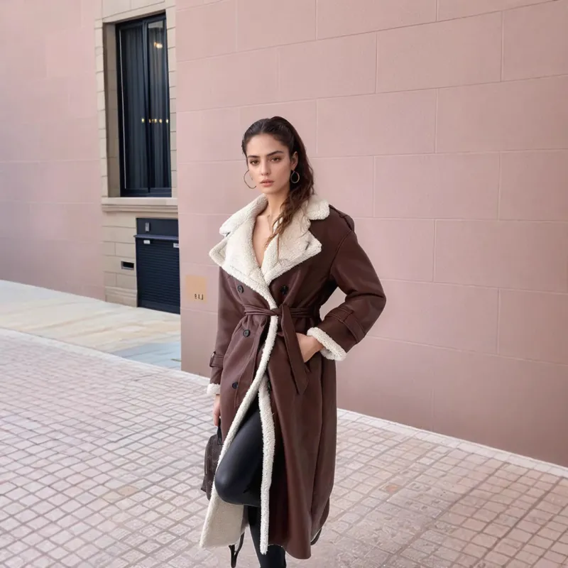 Winter Long Leather Coat Plush Lined Tailored Design - Detailed view