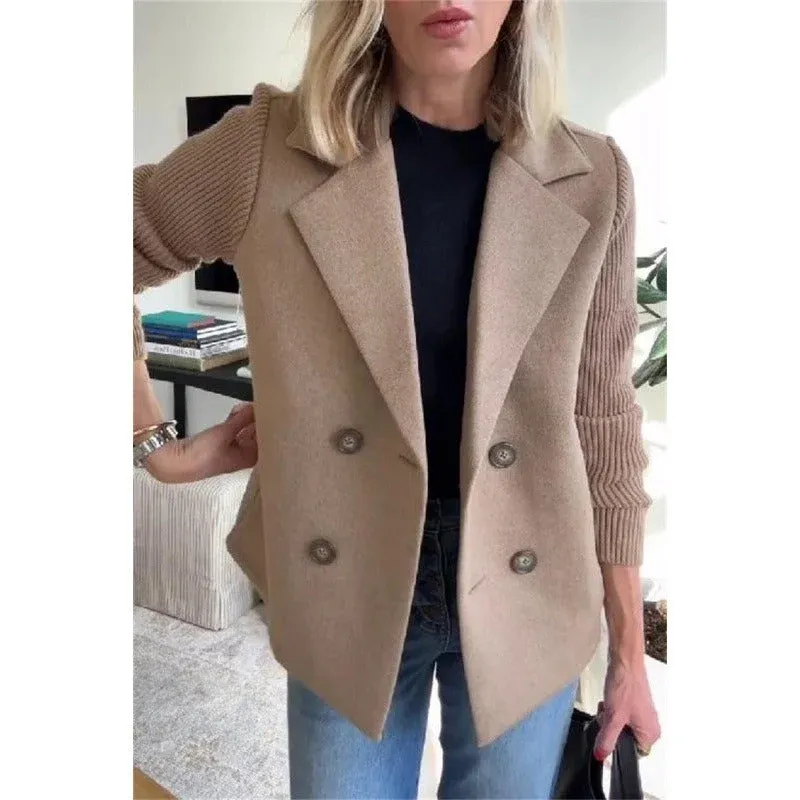 Double-Breasted Wool Coat Ribbed Sleeve Turquoise Design - Product detail 4