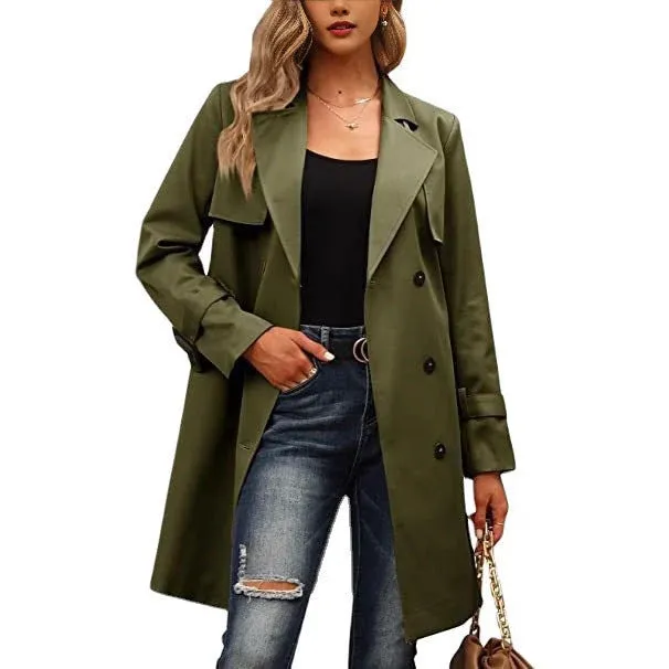 Womens Double Breasted Coat Olive Green Wool Blend Tailored Design - Product showcase