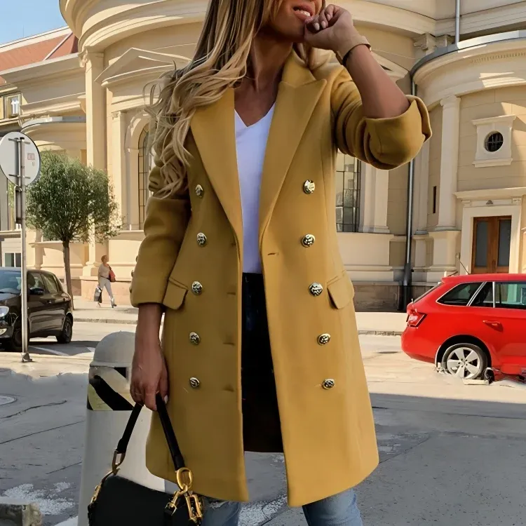 Double Breasted Wool Coat Military Style Metallic Buttons - Detailed view