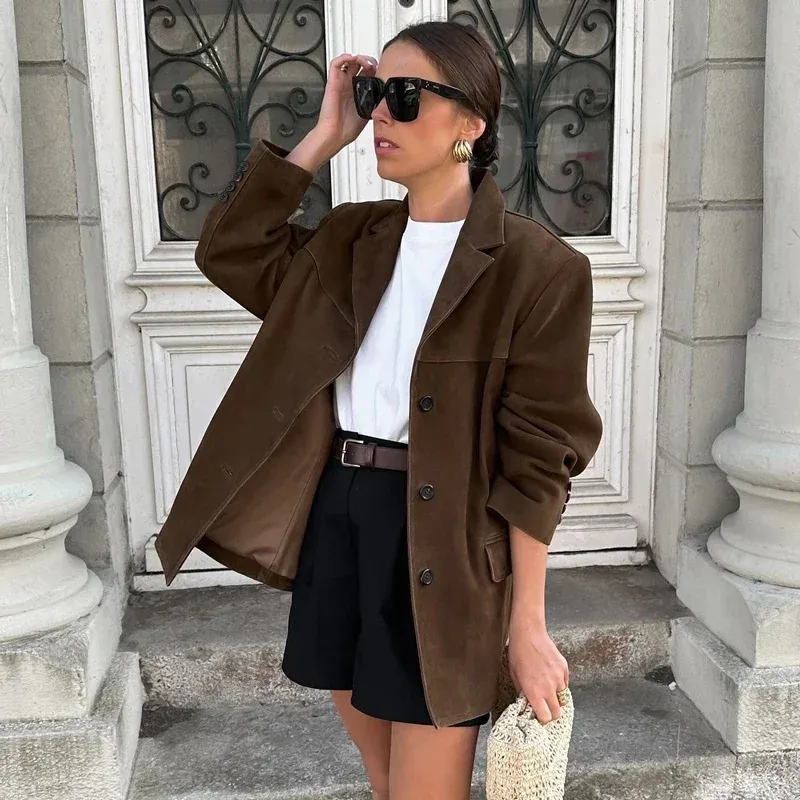 Vintage Suede Blazer Premium Brown Leather Outerwear - Detailed view