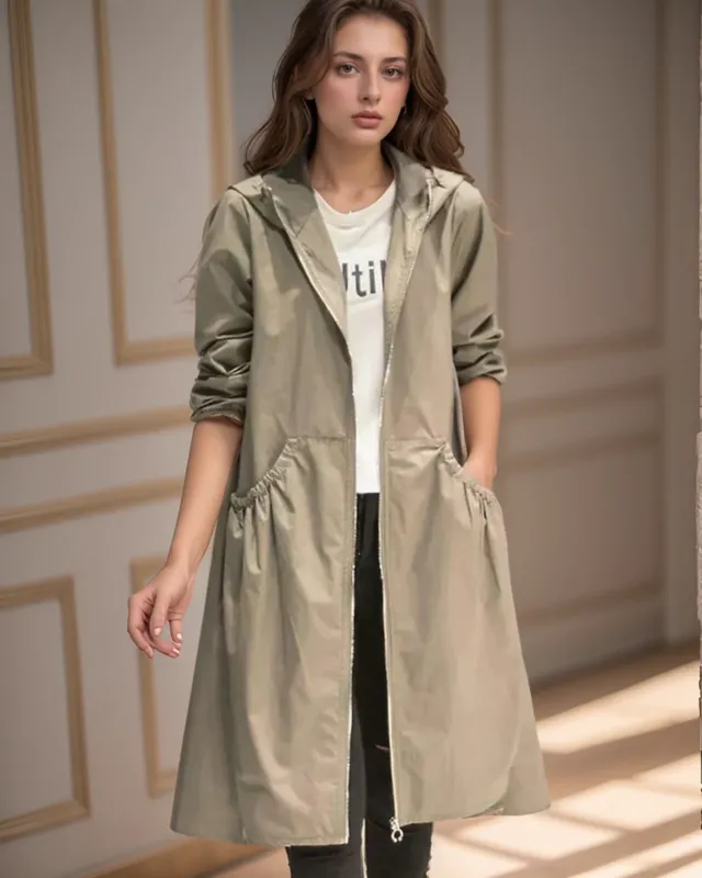 Minimalist Waterproof Coat Knee-Length Hooded Design - Detailed view