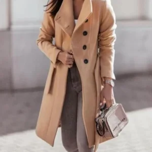 Classic Wool Blend Long Coat Double-Breasted Camel Design - Product showcase