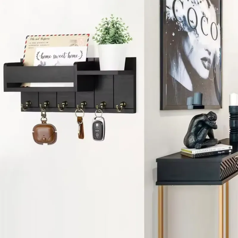 Rustic Wall Key Organizer Solid Wood Mail Holder with 6 Hooks - Detailed view