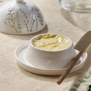 Pressed Floral Ceramic Butter Dish shown with butter