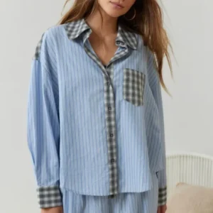 Cotton Blend Pajama Set Striped Pattern With Plaid Accents - Product showcase
